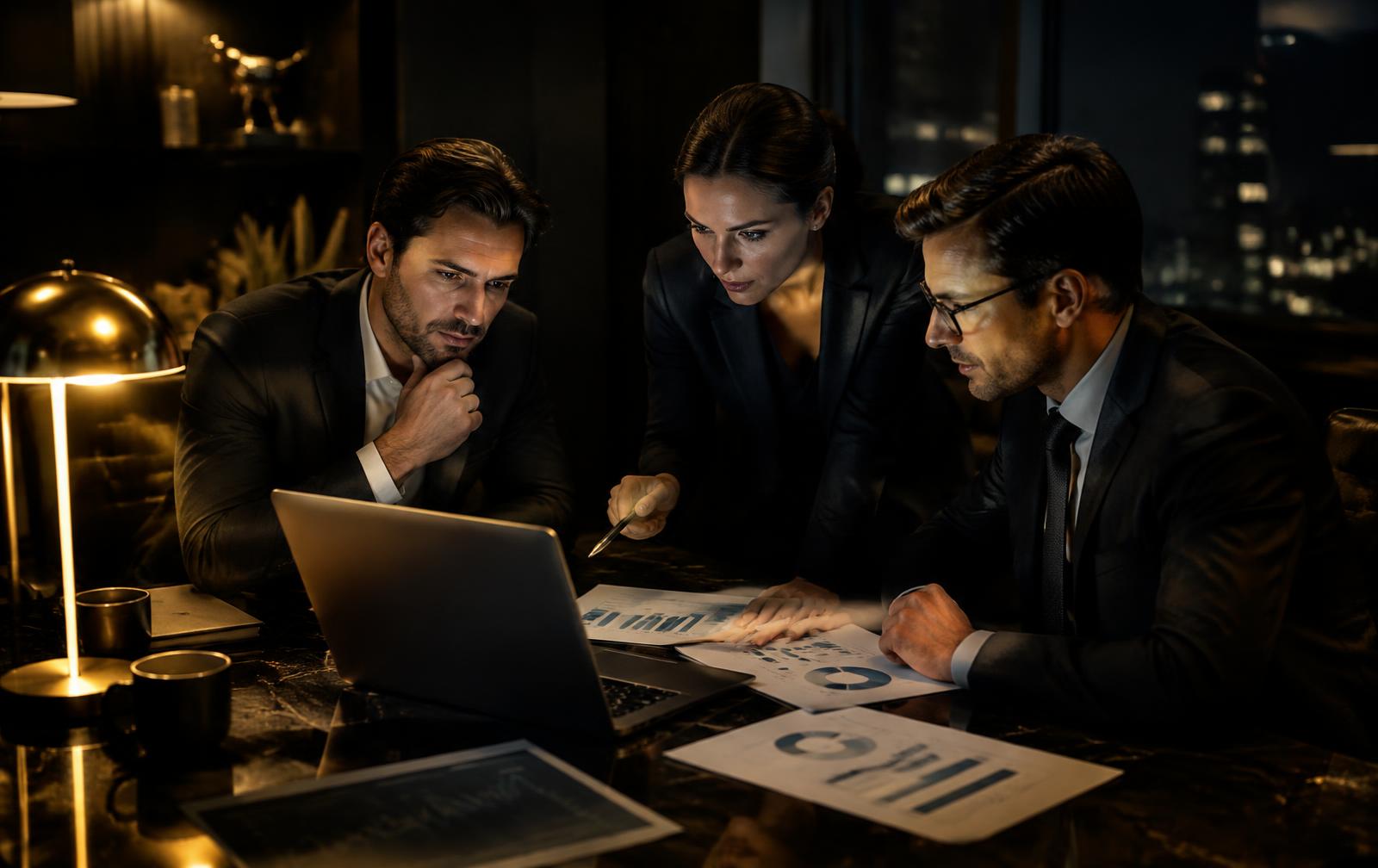 Strategists collaborating over analytics and a sales plan